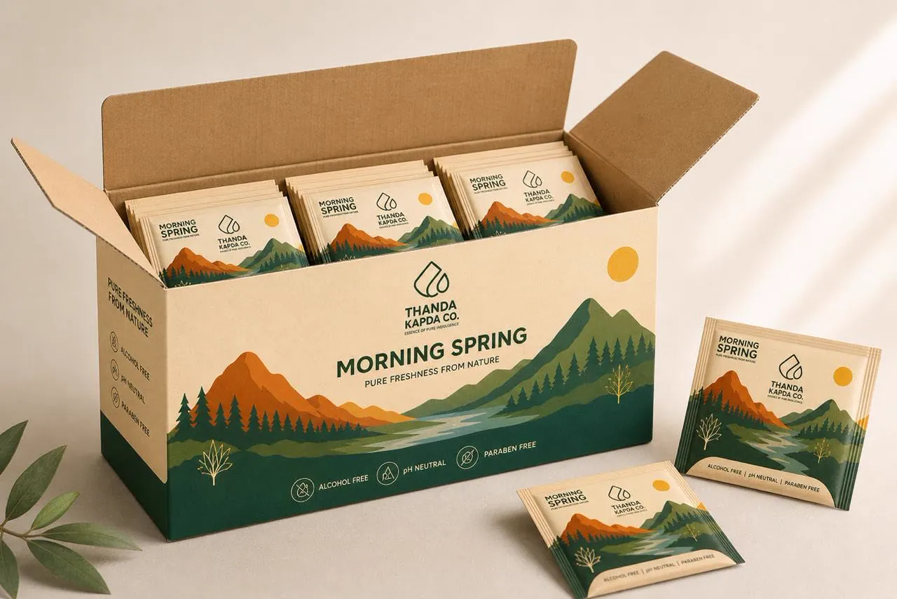 An open case of one hundred Morning Spring sachets