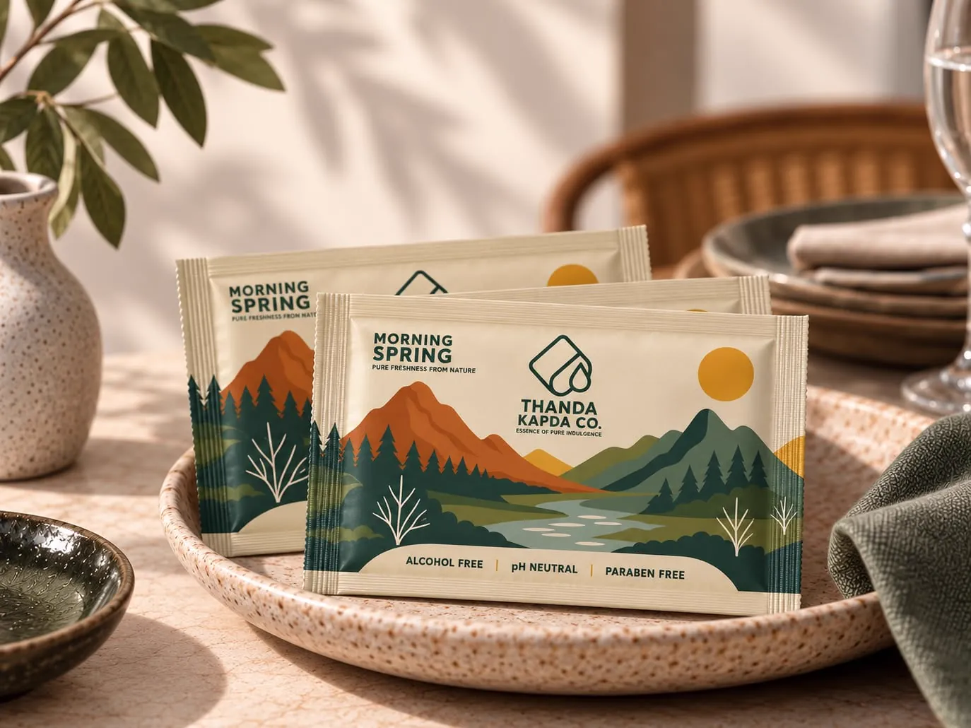 Two Morning Spring sachets resting on a speckled ceramic plate in warm afternoon light