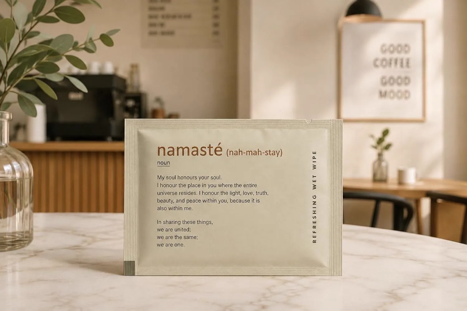 Namasté sachet on a café table