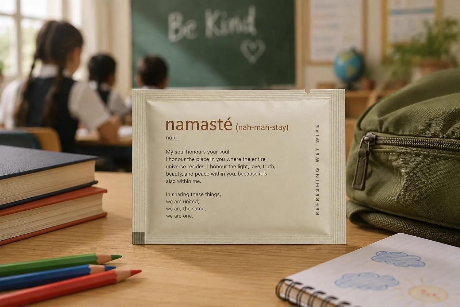 Namasté sachet on a school desk