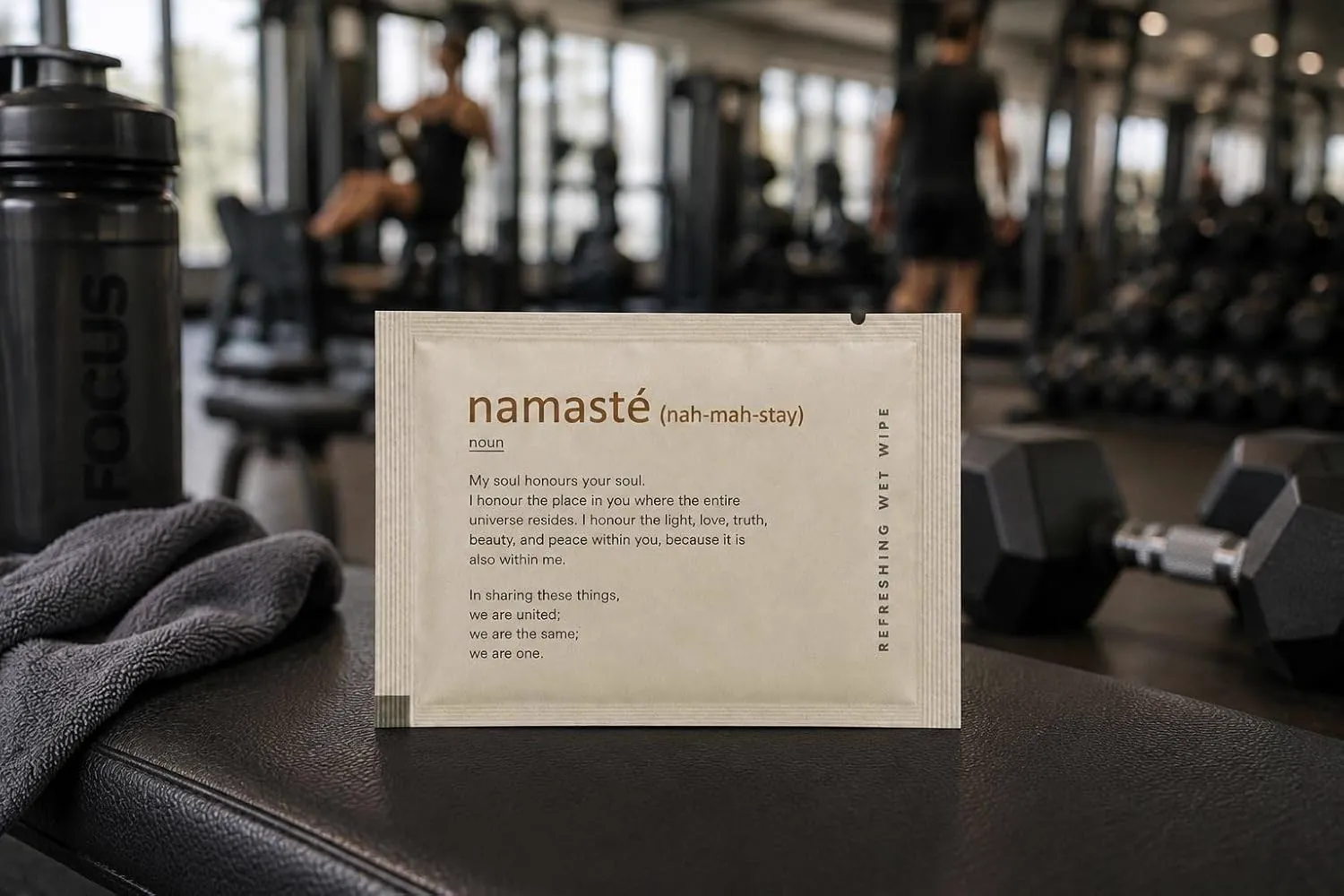 Namasté sachet on a gym bench