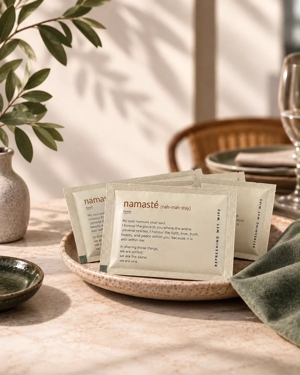 Three Namasté sachets fanned on a ceramic plate on a café table